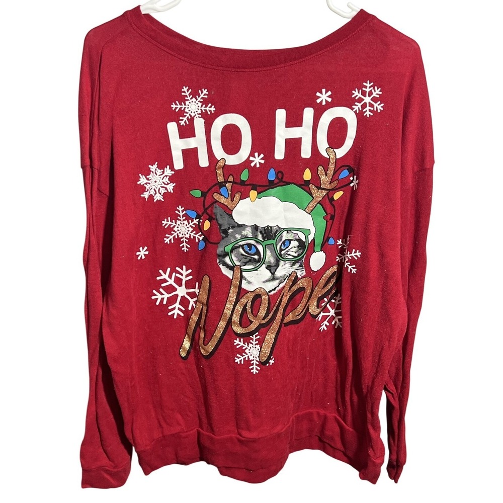 No Boundaries Women's XL Red Christmas Cat Ho Ho Nope Long Sleeve Top Blouse